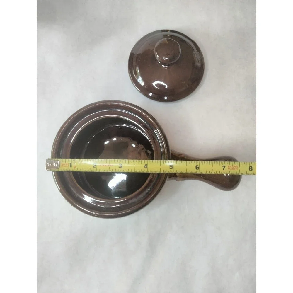 2 Onion Soup Handled Crock Bowls with Lids Brown & Beige Taiwan